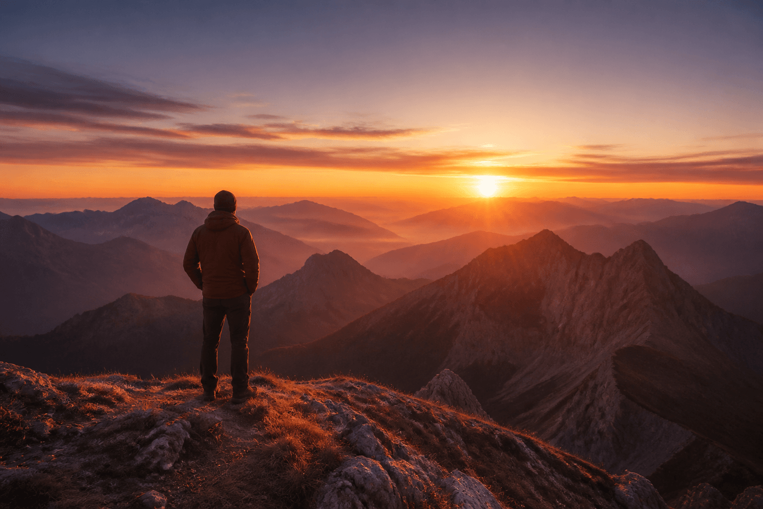 Persona en una montaña, de espaldas, viendo el amanecer