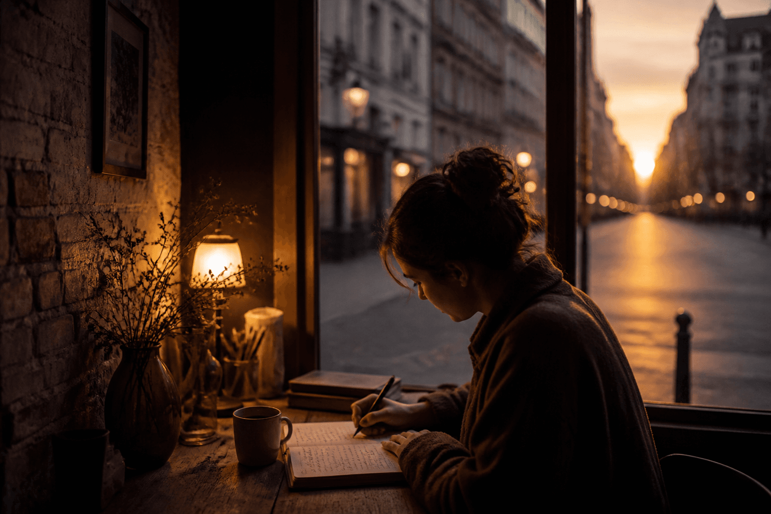 Persona escribiendo en un journal; la luz de adentro sale por la ventana